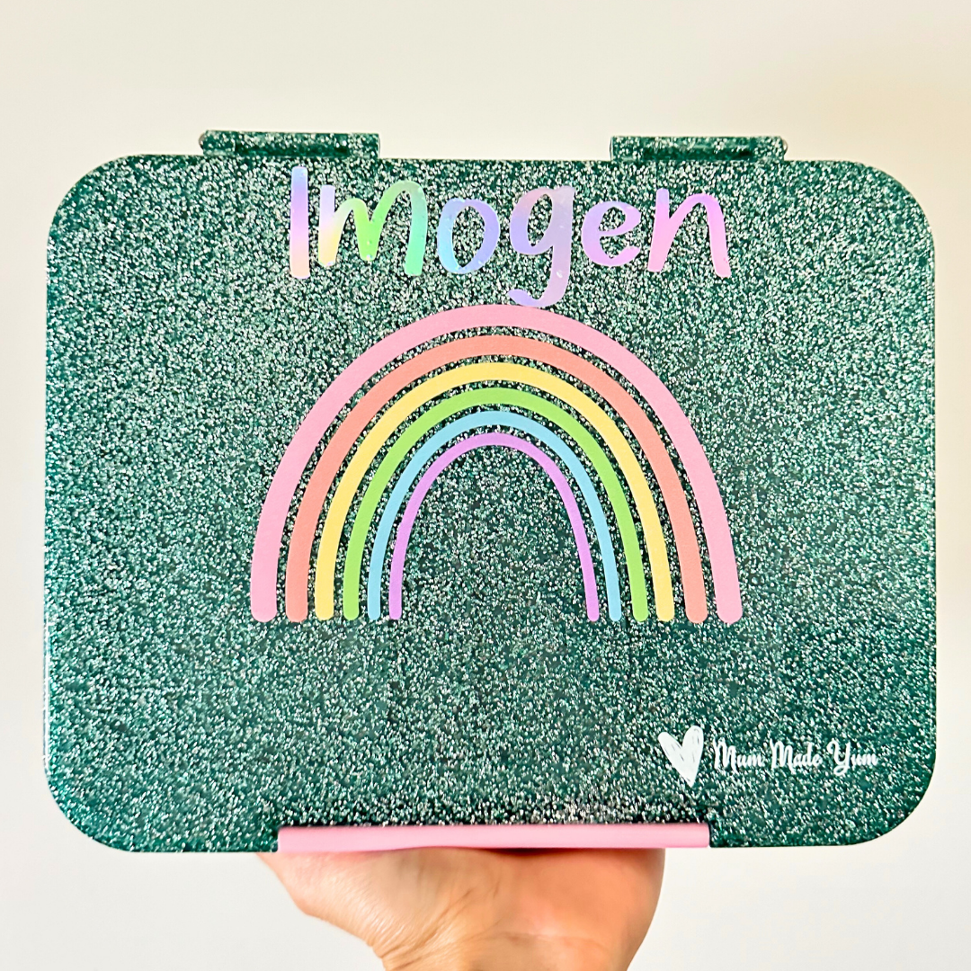 Bento Lunchbox (Large) - Sparkle Teal Rainbow personalised