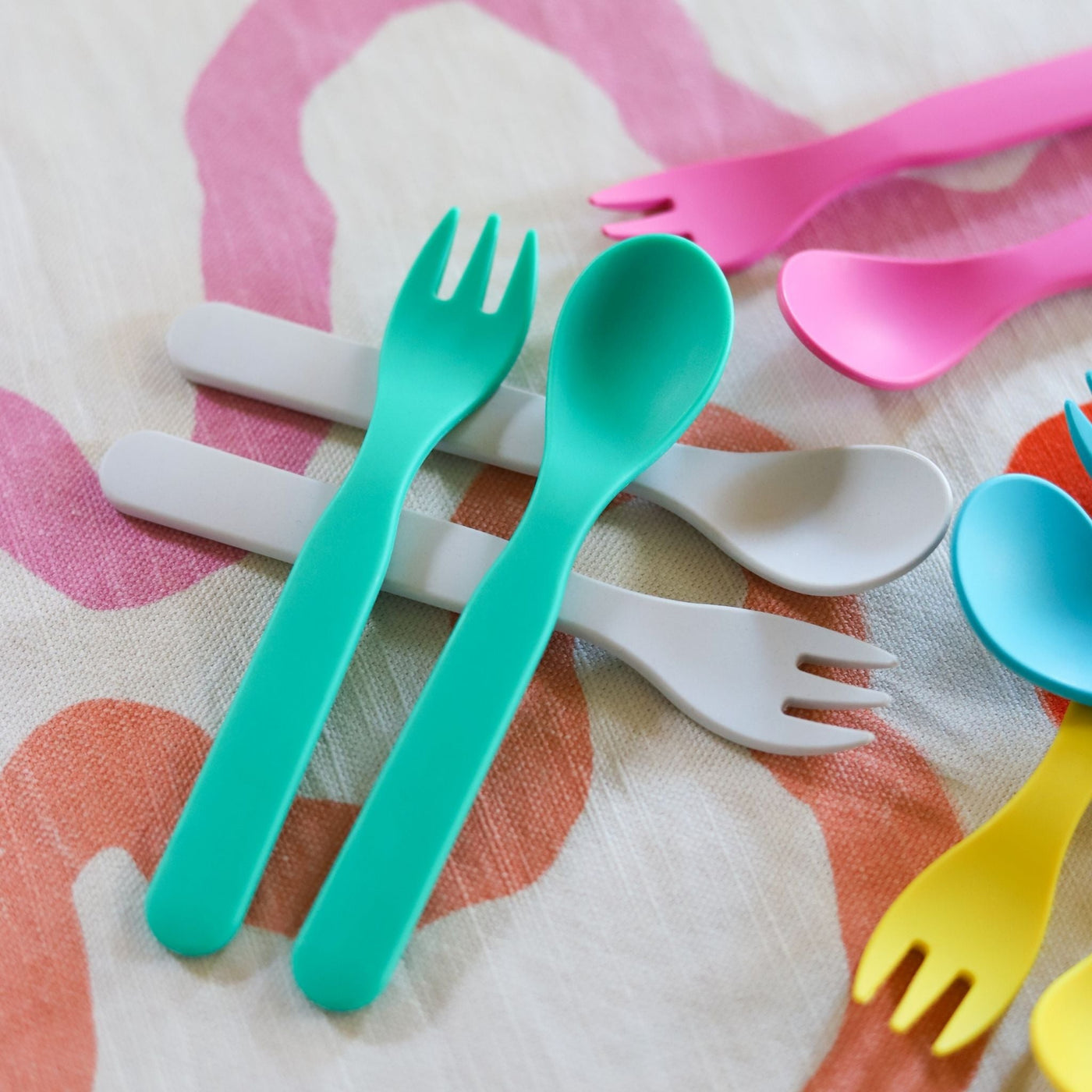 Bamboo cutlery fork & spoon in colourful vibrant colours 