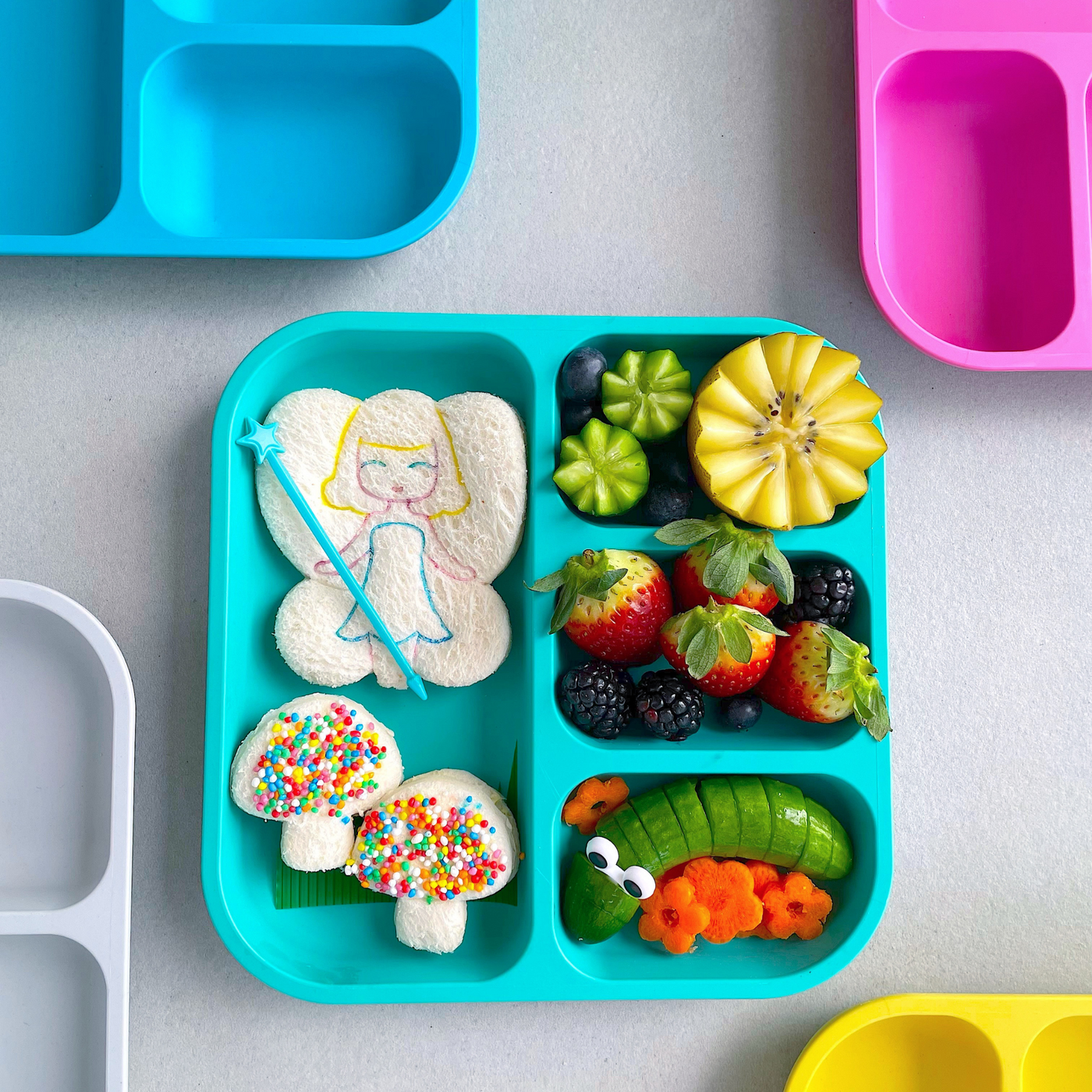bobo&boo bento plates used for food art which is a fairy made from bread with sprinkles