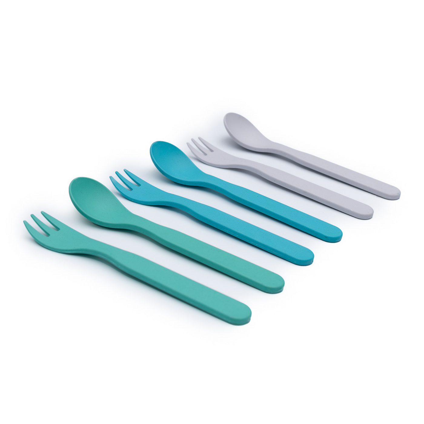 Bobo&boo plant-based cutlery side by side blue, green & grey fork & spoon