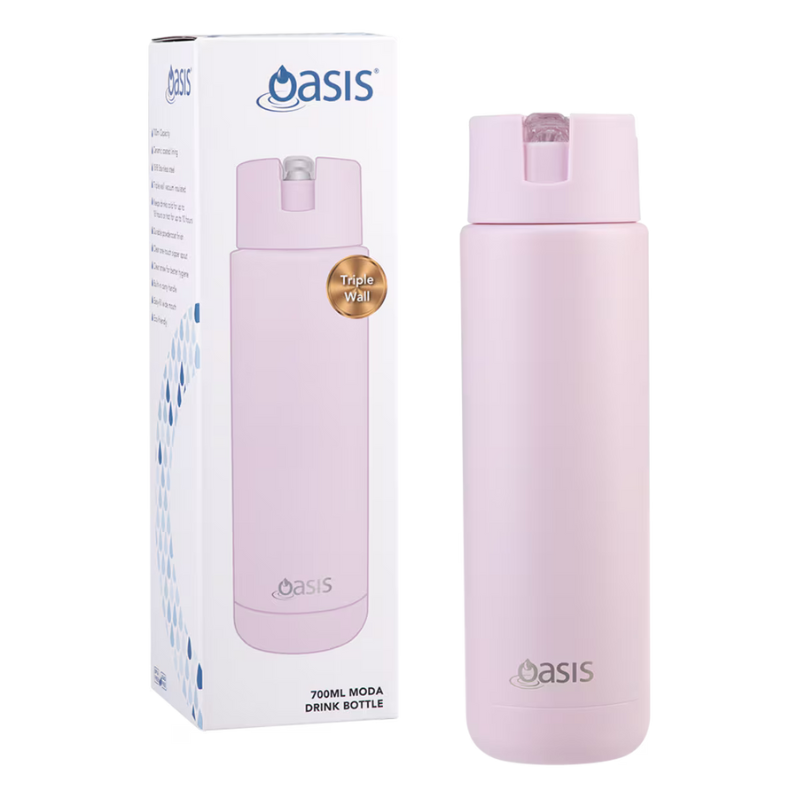 Oasis Ceramic Lined Stainless Steel Triple Insulated Sipper Drink Bottle 700ml - Pink Lemonade