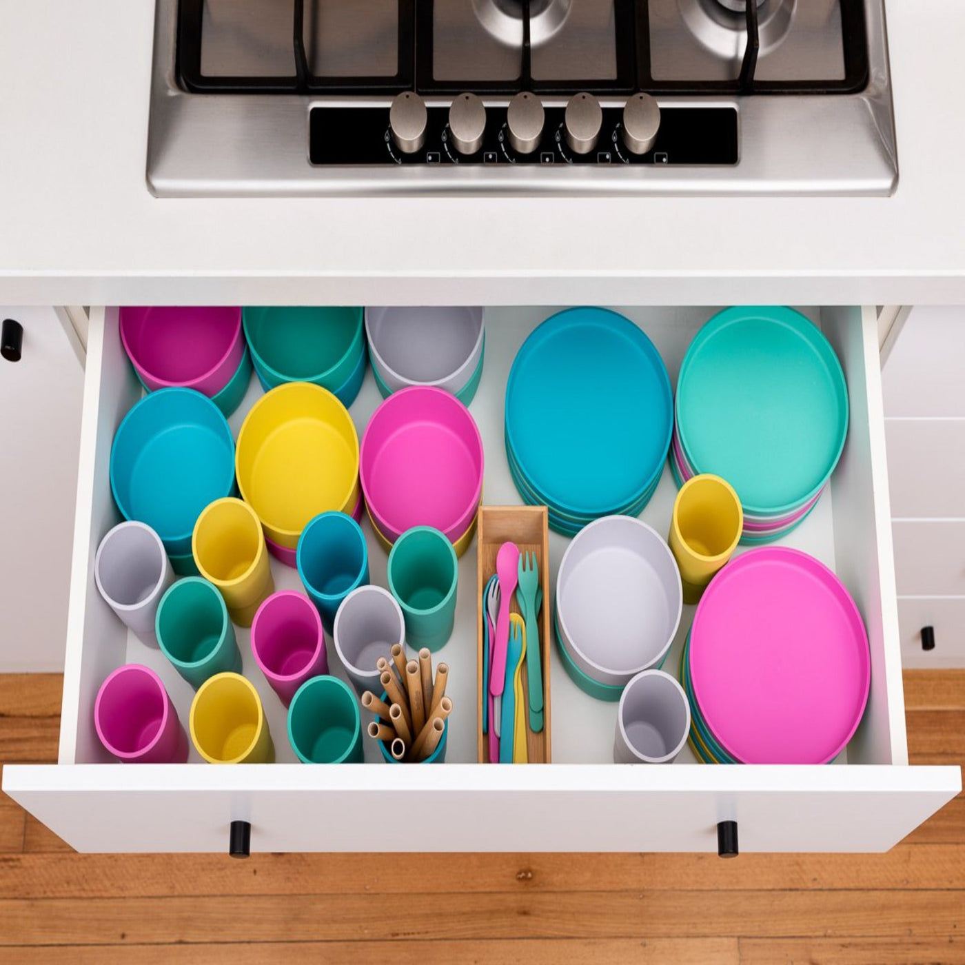 bamboo plant-based dinnerware range displayed beautifully in a drawer