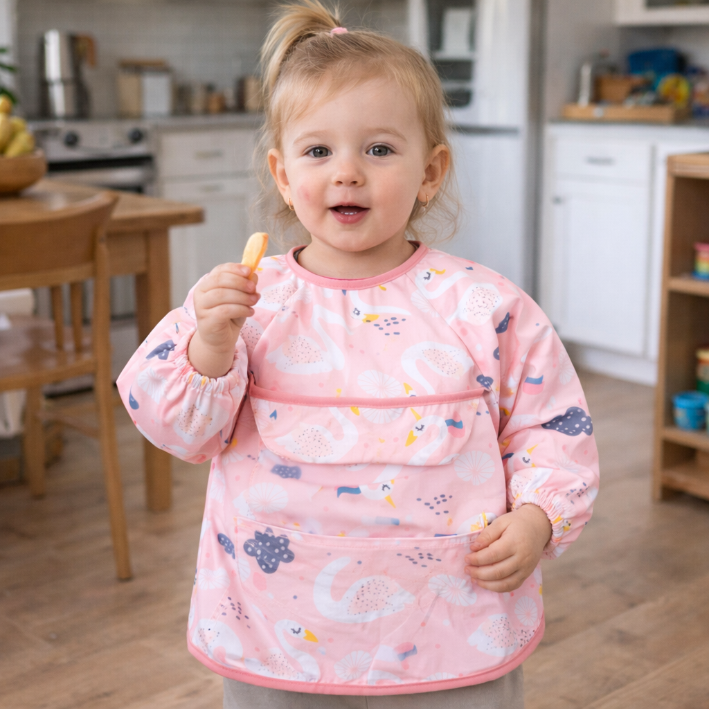 Waterproof Baby & Toddler Feeding Smock - Long Sleeve - Pink Swan