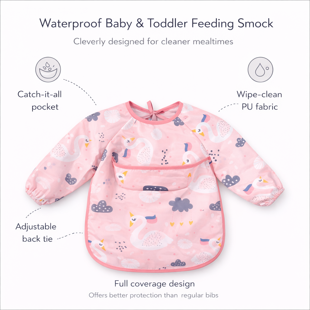 Waterproof Baby & Toddler Feeding Smock - Long Sleeve - Pink Swan