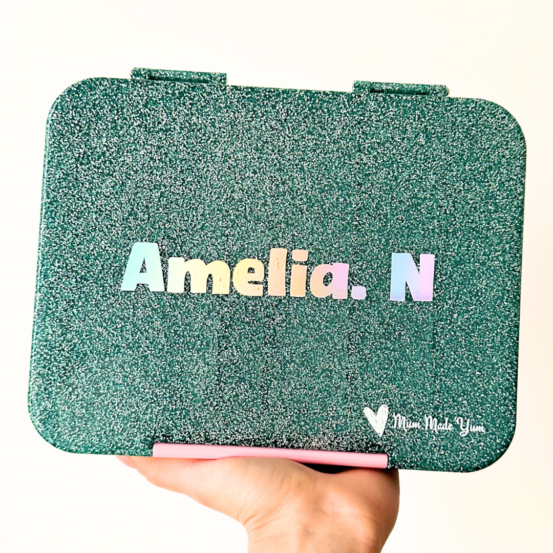 Bento Lunchbox (Large) - Sparkle Teal (Pink Clip) personalised