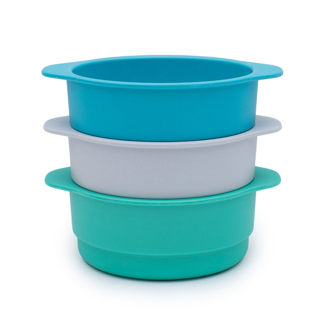 bomboo snack bowls in blue, green & grey stacked 