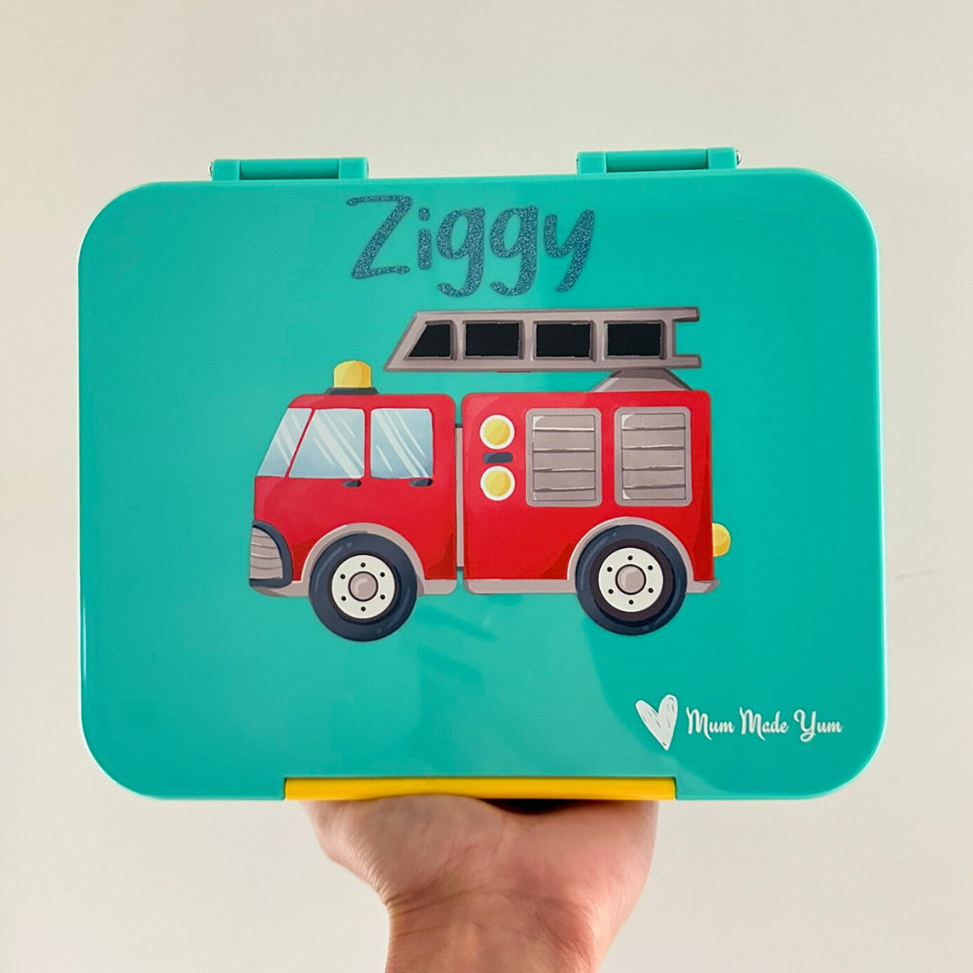 Bento Lunchbox (Large) - Teal Fire Truck Personalised