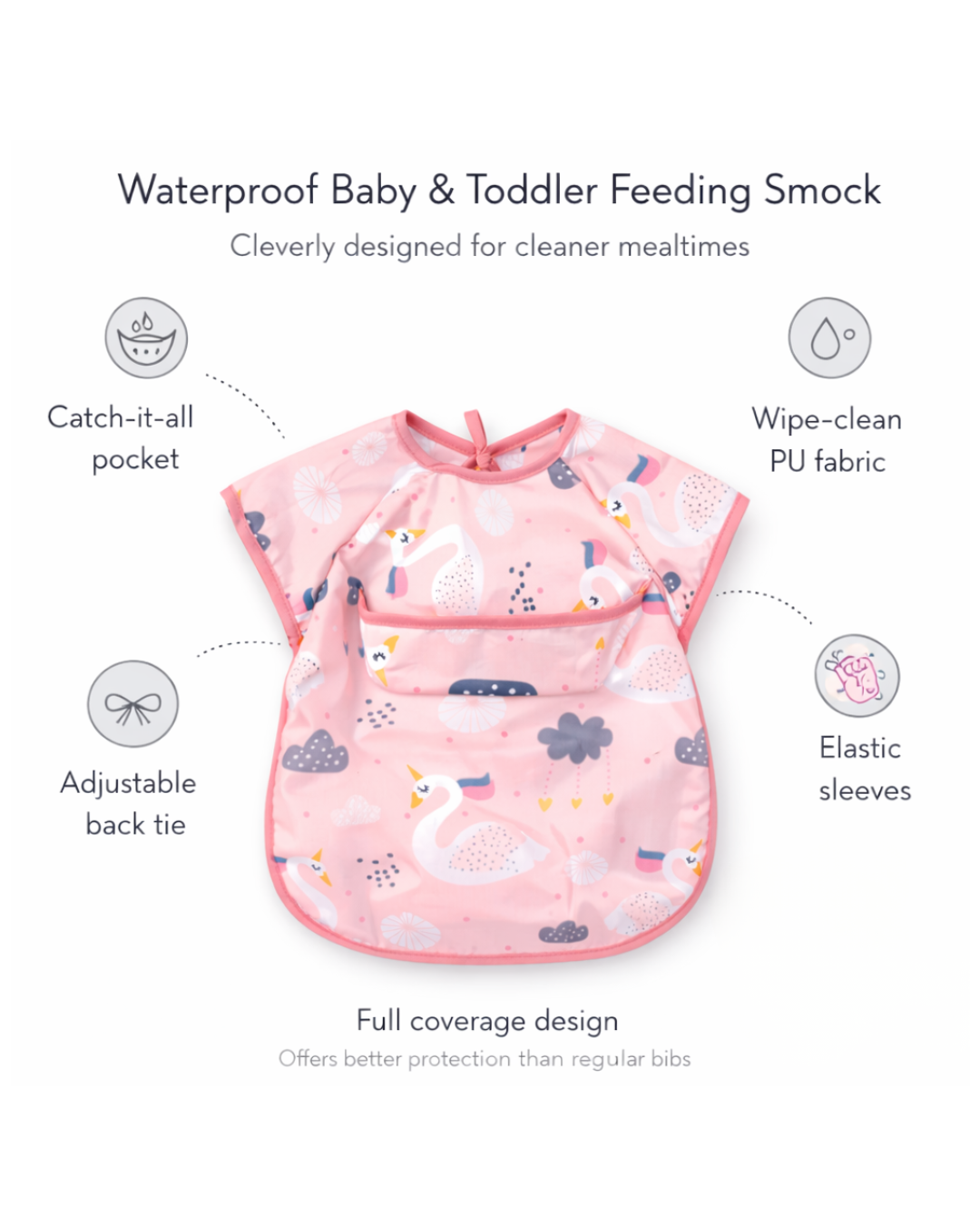 Waterproof Baby & Toddler Feeding Smock - Short Sleeve - Pink Swan