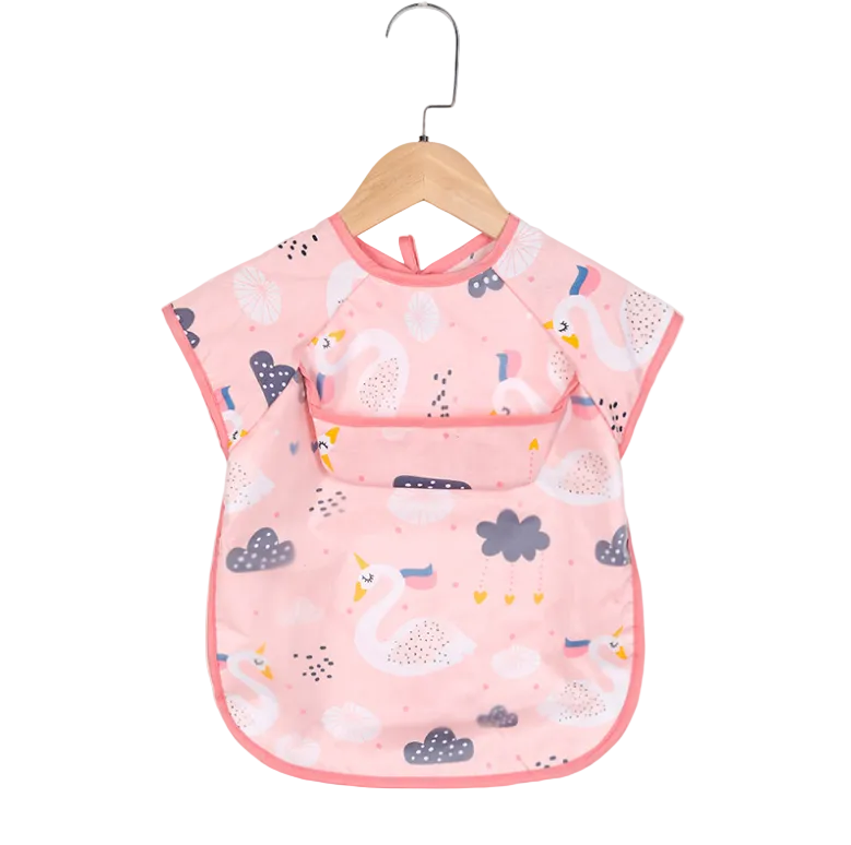 Waterproof Baby & Toddler Feeding Smock - Short Sleeve - Pink Swan