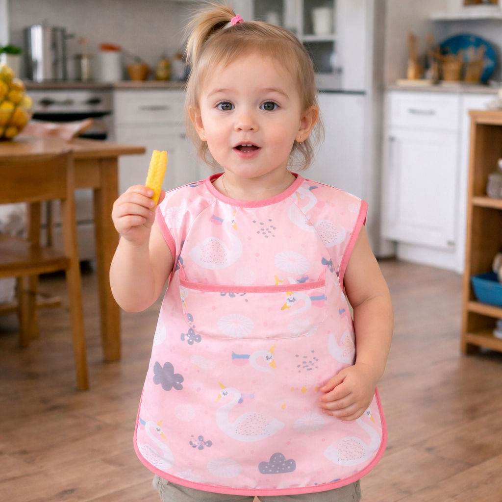 Waterproof Baby & Toddler Feeding Smock - Short Sleeve - Pink Swan