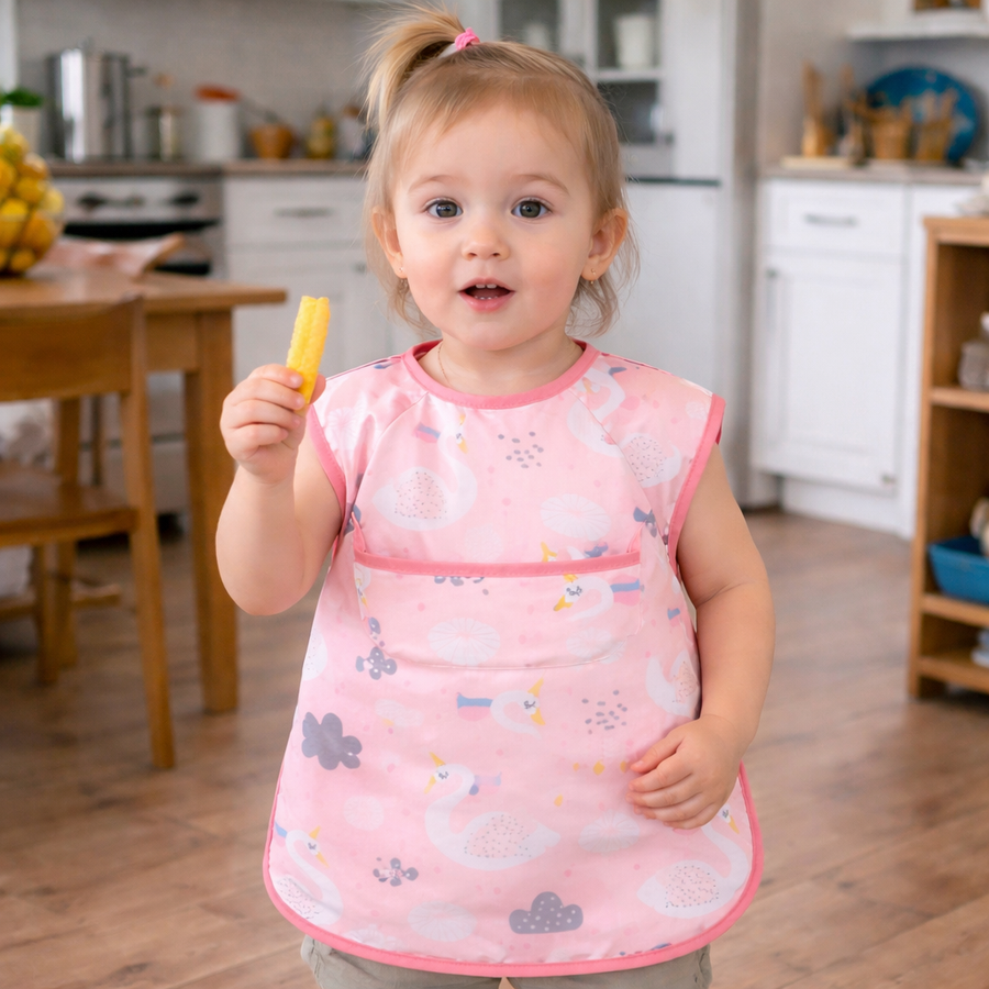 Waterproof Baby & Toddler Feeding Smock - Short Sleeve - Pink Swan