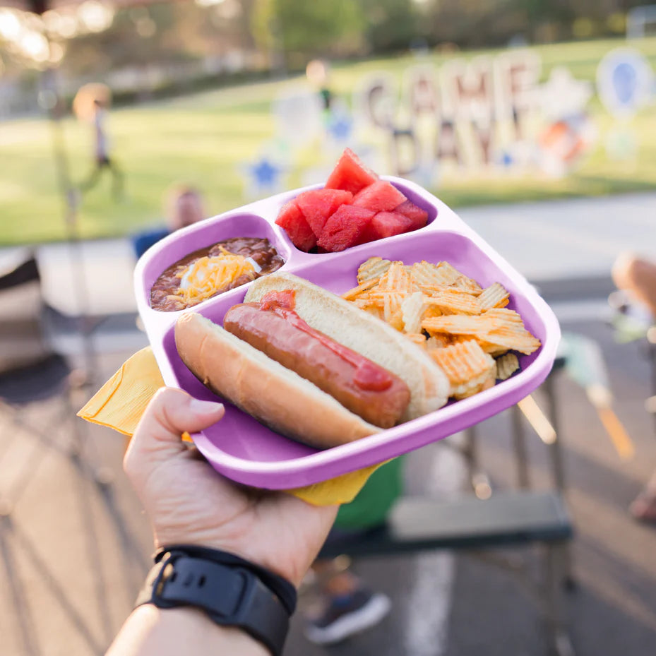 Hand holding a purple compartmentalized container with a hot dog, cheese, chips, and watermelon outdoors. RePlay Recycled Divided Tray Plate - Purple