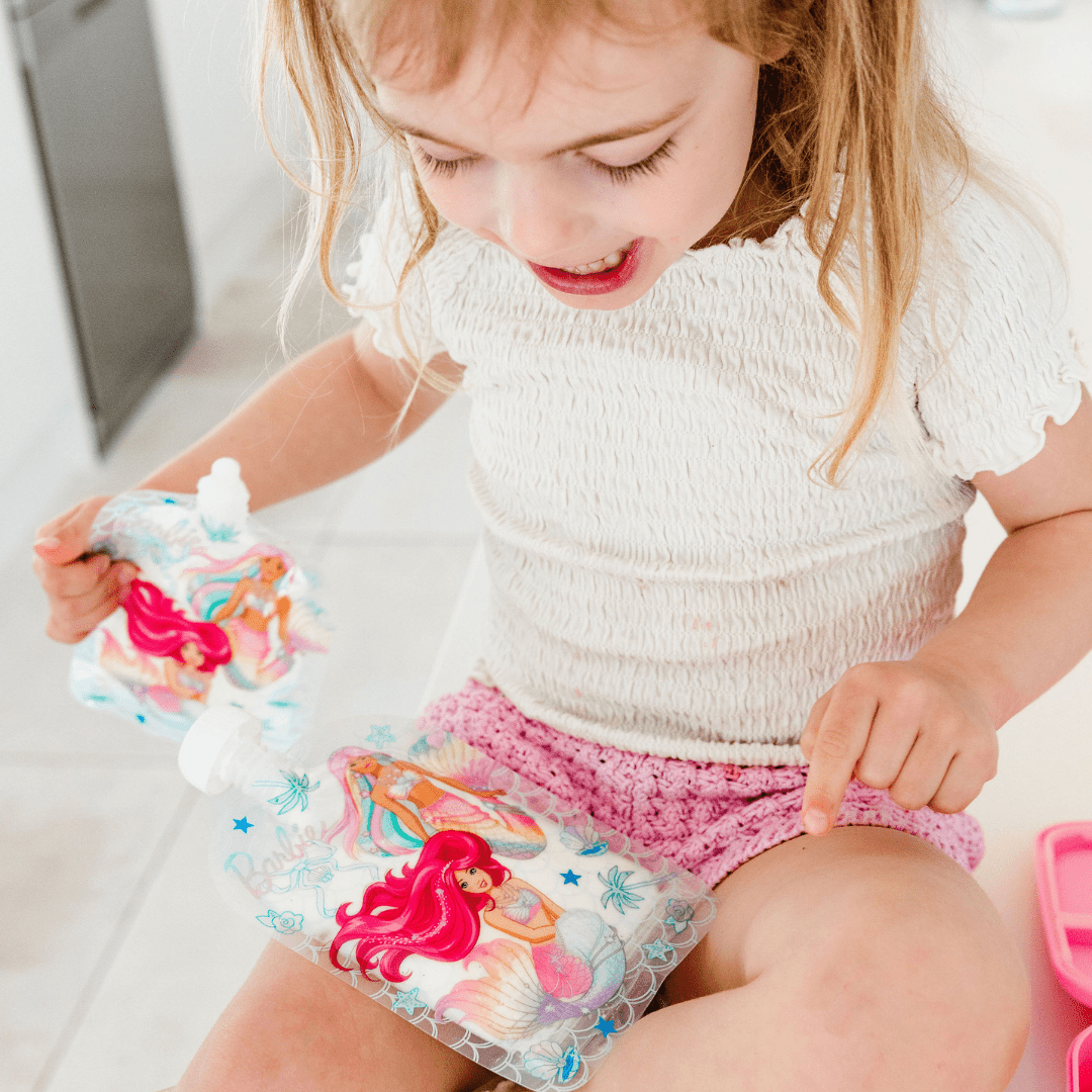 Sinchies 150ml Reusable Food Pouches - Barbie Mermaid Magic - Pack: 5 - Mum Made YumLunchbox