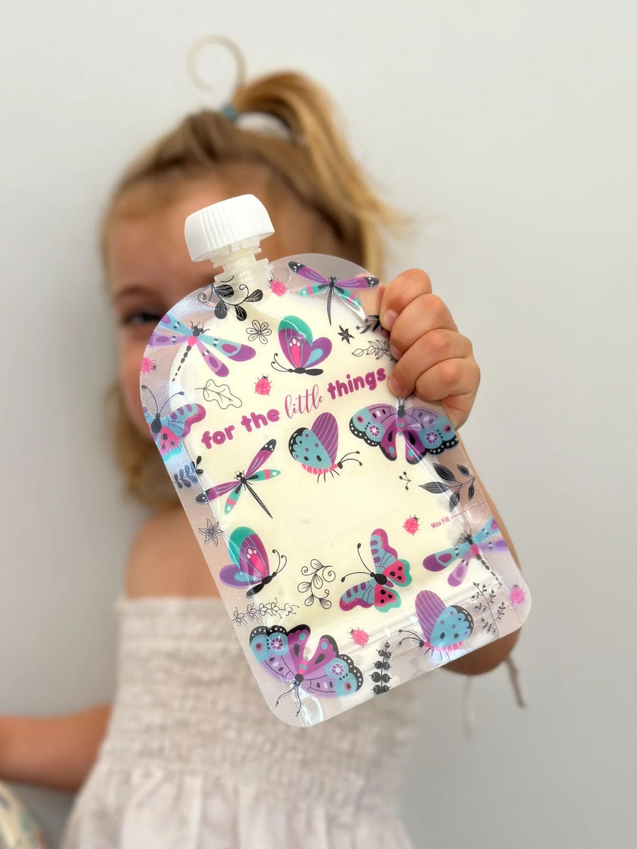 Sinchies 150ml Reusable Food Pouches - Flutterbys - Pack: 5 - Mum Made YumLunchbox