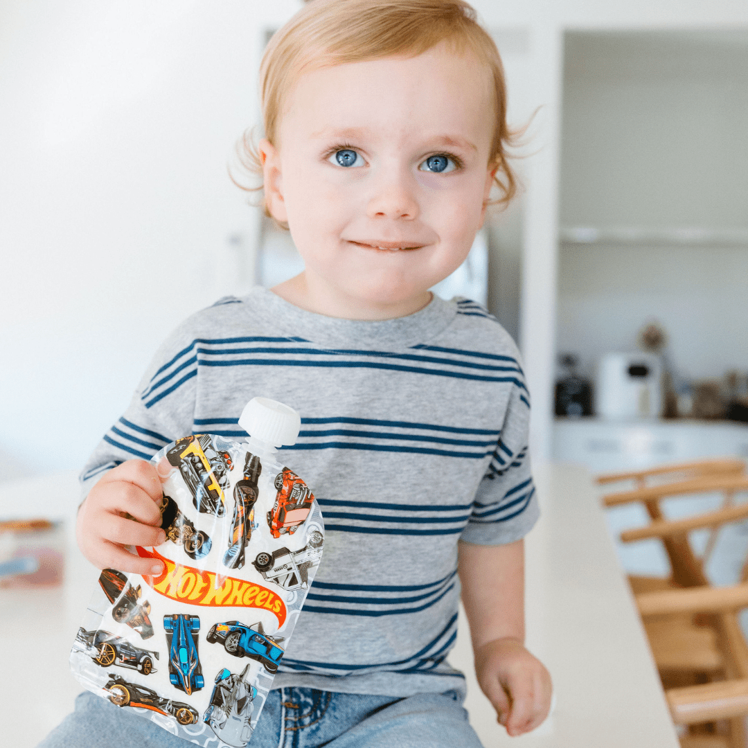 Sinchies 150ml Reusable Food Pouches - Hot Wheels Pit Stop - Pack: 5 - Mum Made YumLunchbox