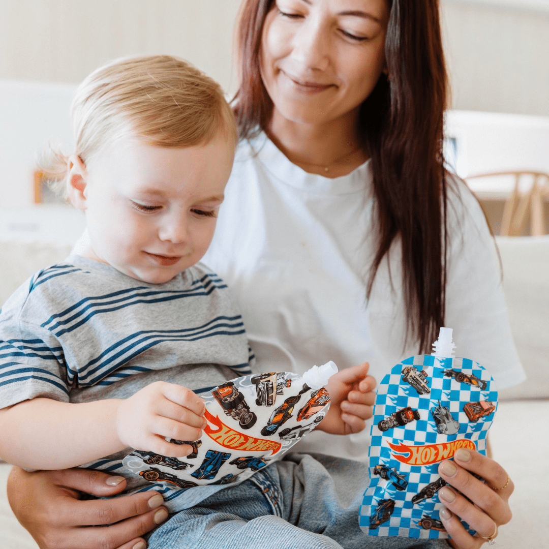 Sinchies 150ml Reusable Food Pouches - Hot Wheels Pit Stop - Pack: 5 - Mum Made YumLunchbox