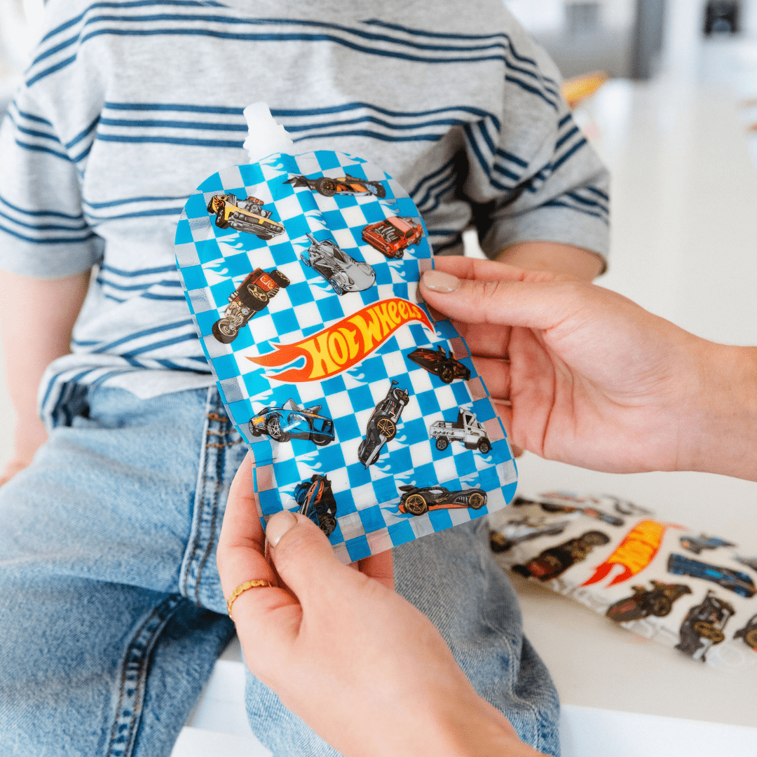 Sinchies 150ml Reusable Food Pouches - Hot Wheels Rapid Racer - Pack: 5 - Mum Made YumLunchbox