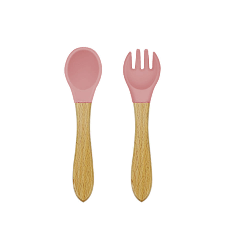 Silicone Fork & Spoon (with Bamboo Handle) Baby Cutlery Set